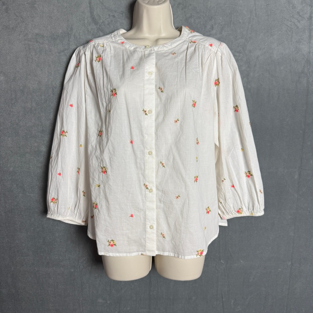 New Old Navy Womens M Tall Embroidered Floral Button Down Blouse Cottagecore